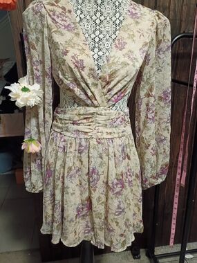 Velvet Cream Floral Long Sleeve Mini Dress with Purple Accents